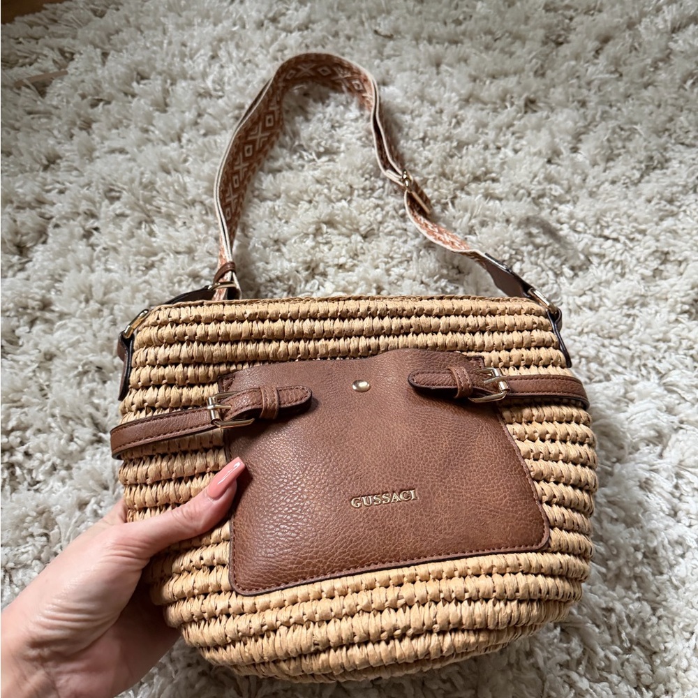 Brown and Tan Woven Women's Gussaci cute tote Bag - Picture 3 of 6